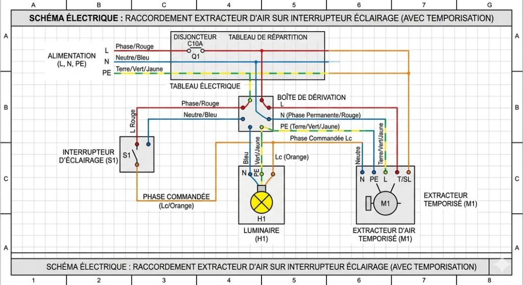 schema electrique branchement extracteur d'air sur interrupteur lumiere